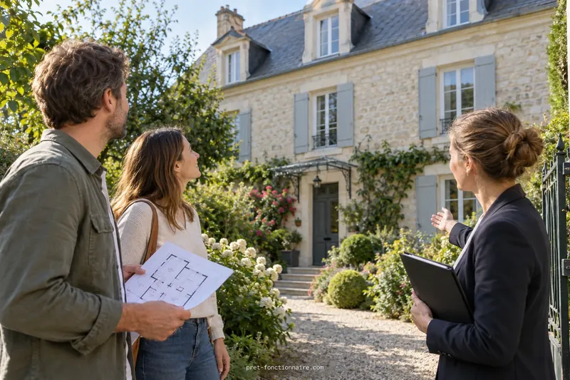 Deux visiteurs et une professionnelle se tiennent devant une maison, un plan visible dans les mains de l’homme.
