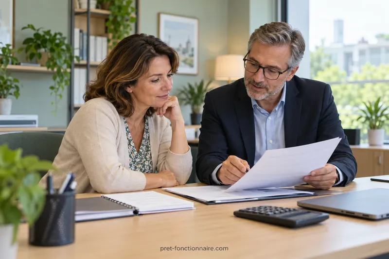 Une cliente et un conseiller examinent un ensemble de documents sur un bureau.