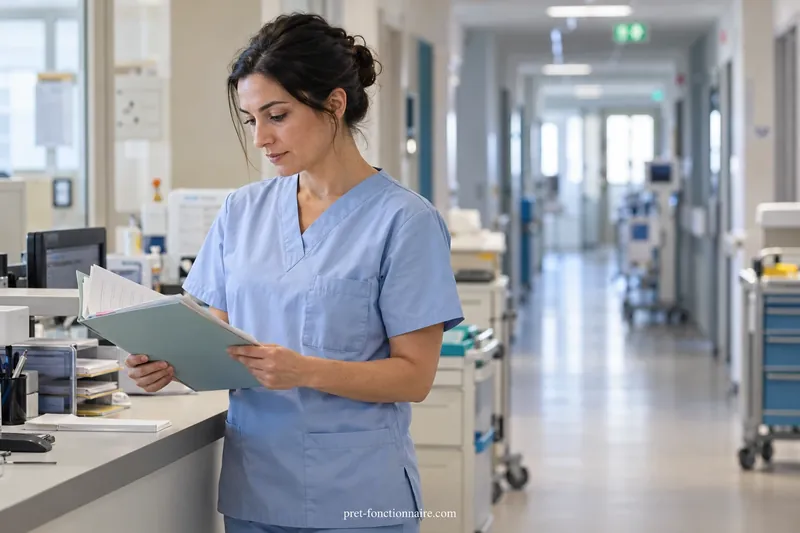 Une soignante en tenue hospitalière bleu clair examine des documents dans un espace de soins.