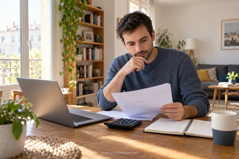 Un homme compare des documents financiers à sa table avec une calculatrice au premier plan.