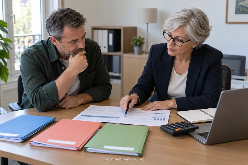 Un client et une conseillère comparent des documents financiers devant plusieurs dossiers colorés.